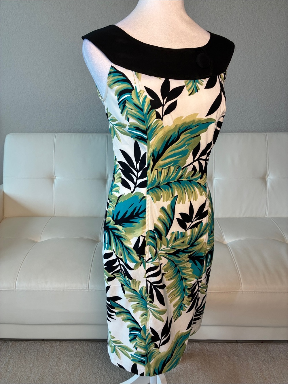 AB Studio Tropical Leaf Midi Sheath Dress in Green, Black & White